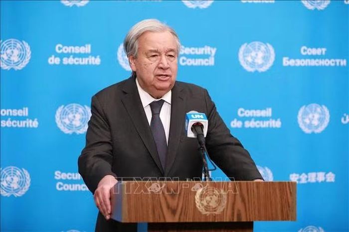 Tổng Thư ký LHQ Antonio Guterres phát biểu trong cuộc họp báo tại New York, Mỹ. Ảnh: THX/TTXVN phát