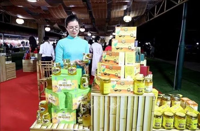 Các gian hàng tại Festival giới thiệu, quảng bá đa dạng sản phẩm nông sản, OCOP, sản phẩm làng nghề đặc trưng của các địa phương, tối 18/9. Ảnh: Quang Cường/TTXVN.
