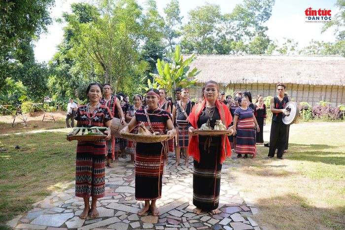 Những người phụ nữ Ba Na mang lễ vật đến khu vực hành lễ, chuẩn bị cho các nghi thức cầu an.