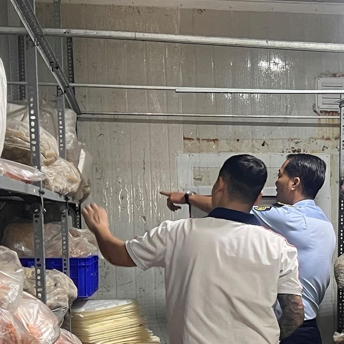 Lực lượng Quản lý thị trường kiểm tra số thực phẩm được lưu trữ tại kho đông lạnh của Công ty N.T. Foods. Ảnh: Chi cục Quản lý thị trường TP Đồng Nai