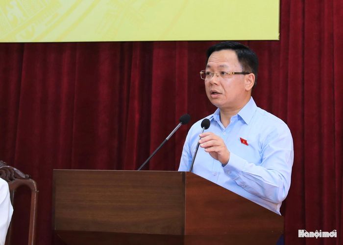 Phó Trưởng đoàn chuyên trách Đoàn đại biểu Quốc hội thành phố Hà nội Trần Thanh Hà thông tin tại hội nghị.