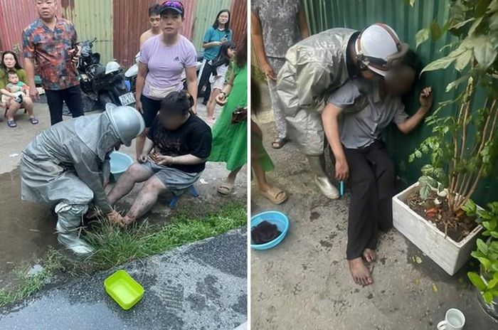 Các nạn nhân được lực lượng Cảnh sát PCCC và CNCH sơ cứu, hỗ trợ chăm sóc ban đầu sau khi được đưa ra khỏi khu vực nguy hiểm. Ảnh: CAHN