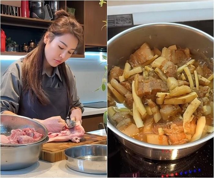 "Hôm nay mẹ con cháu ăn thịt kho dừa các cô ơi". Các công đoạn đều được Quế Vân thực hiện rất cẩn thận, sạch sẽ và chỉn chu.