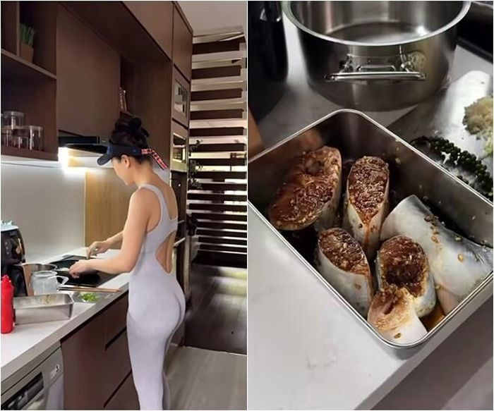 Trước đó, Quế Vân khoe clip vào bếp: "Hôm nay em nấu cá basa kho tộ. Anh Ben ăn hẳn 2 bát cơm". Nàng Á hậu chuẩn bị nguyên liệu và ướp cá sẵn cho ngấm gia vị trước khi đem kho.