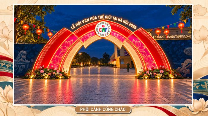 Ngay từ lối vào, Lễ hội Văn hóa Thế giới đã tạo điểm nhấn với thiết kế mang màu sắc văn hóa, hứa hẹn trở thành điểm check-in của khách tham quan. (Ảnh BTC)