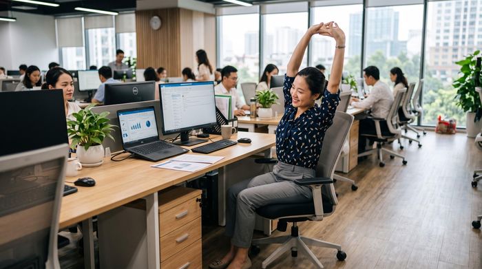 Hãy thực hiện đi bộ vài phút, vươn vai hoặc thực hiện các bài tập kéo giãn ngay tại bàn làm việc. Ảnh minh hoạ AI