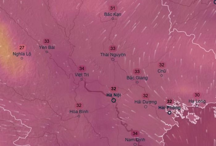Dự báo của mô hình ICON (Đức) về nhiệt độ cao nhất trong ngày 30/9 ở một số khu vực tại miền Bắc. Ảnh: Ventusky, ICON.