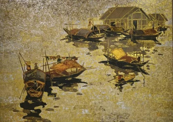 Tp: Xóm chài bình yên (2024) sơn mài 80x120cm. Nguyễn Hoàng Long