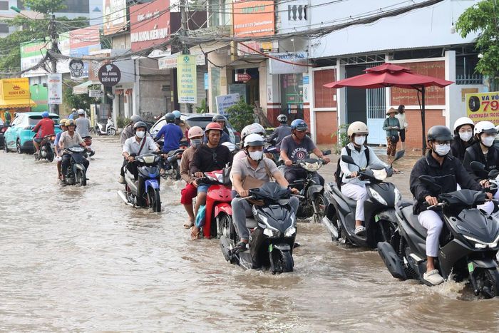  Trong những ngày triều đạt đỉnh, Đài Khí tượng Thủy văn Nam Bộ khuyến cáo người dân ở khu vực thấp được khuyến cáo hạn chế đi qua những đoạn đường ngập sâu, đặc biệt vào sáng sớm và chiều tối. Các phương tiện di chuyển qua vùng nước sâu có thể chết máy, mất thăng bằng; người đi xe máy cũng khó quan sát mặt đường và các hố, đoạn đường bị che khuất dưới nước. Ảnh: Khánh Duy. 