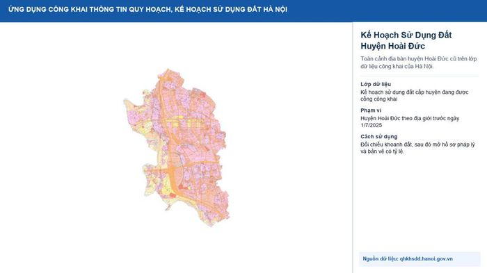 Toàn cảnh huyện Hoài Đức cũ trên lớp dữ liệu kế hoạch sử dụng đất công khai; ảnh bản đồ trích xuất trực tiếp từ qhkhsdd.hanoi.gov.vn.