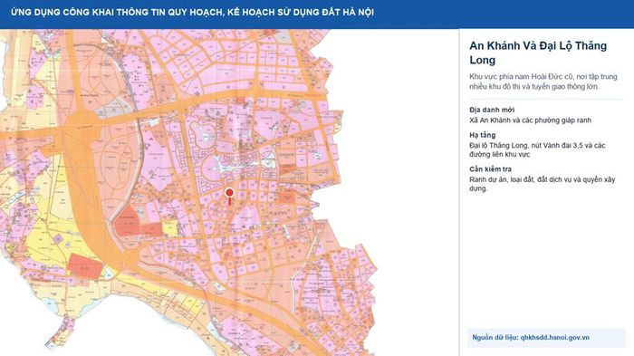 Khu vực An Khánh và Đại lộ Thăng Long trên lớp dữ liệu công khai của Hà Nội.