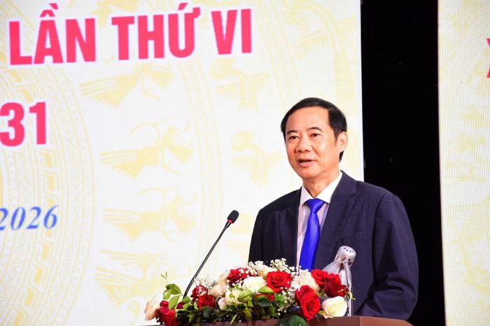 Đồng chí Nguyễn Thái Học, Phó Bí thư, Chủ nhiệm Ủy ban Kiểm tra Đảng ủy Mặt trận Tổ quốc, các đoàn thể Trung ương, phát biểu tại Đại hội. (Ảnh: VŨ DUY)