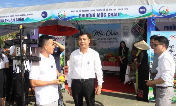 Phường Mộc Châu tổ chức livestream giới thiệu các sản phẩm nông nghiệp đặc trưng tại Ngày hội đổi mới sáng tạo và chuyển đổi số tỉnh Sơn La năm 2026. (Ảnh: QUỐC TUẤN)