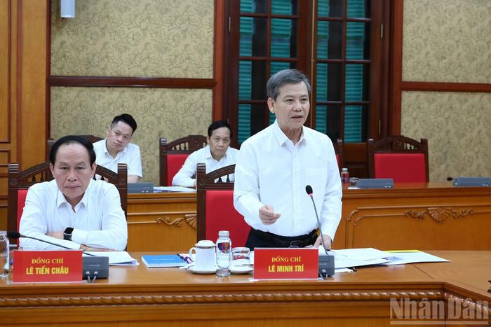 Đồng chí Lê Minh Trí, Ủy viên Bộ Chính trị, Bí thư Trung ương Đảng, Trưởng Ban Nội chính Trung ương, phát biểu tại cuộc làm việc.