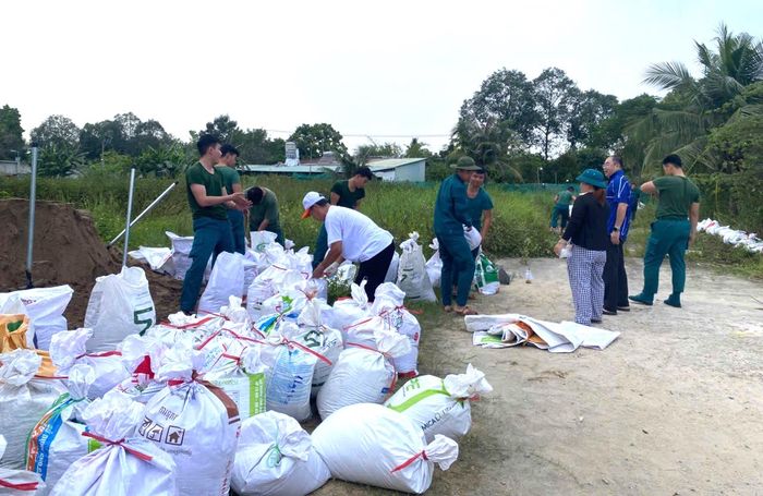  Các chiến sĩ dân quân phối hợp người dân vận chuyển bao cát gia cố bờ bao, phòng chống ngập úng. Ảnh: LÊ XUÂN 