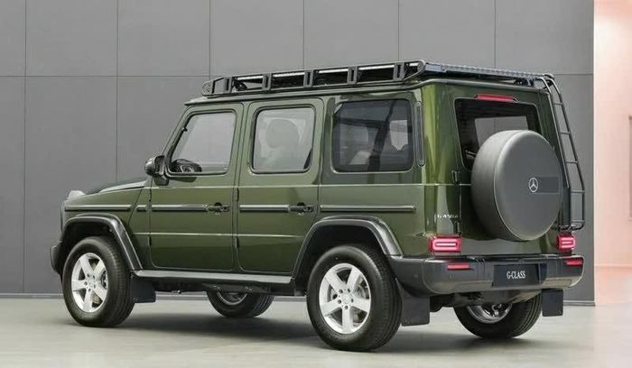 Mercedes-Benz G 450 d Vintage Look có giá chở đồ trên nóc và thang phía sau.