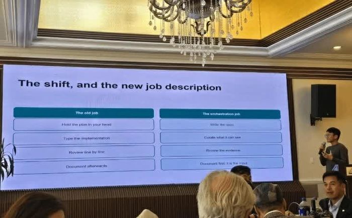 ông Thiên An Mai, kỹ sư phần mềm cao cấp tại tập đoàn công nghệ và truyền thông Meta Platforms trao đổi về sử dụng AI để đổi mới sáng tạo và tăng năng suất công việc. (Nguồn: Tổng Lãnh sự quán Việt Nam tại San Francisco)