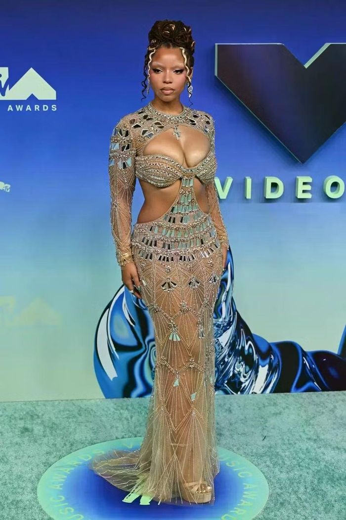  Chloe Bailey diện váy đuôi cá xuyên thấu. Phần thân trên có thiết kế cắt khoét mạnh bạo. Ảnh: Getty Images. 