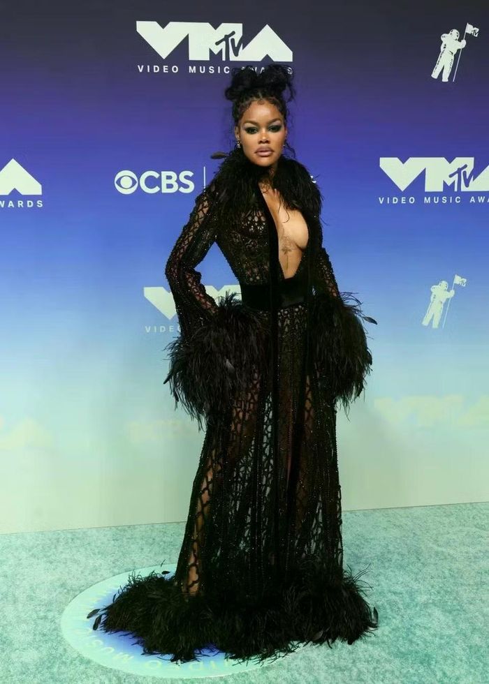 Teyana Taylor kết hợp giữa xuyên thấu, lông vũ trong trang phục đen tạo nên tổng thể táo bạo và hắc ám. Ảnh: WireImage. 