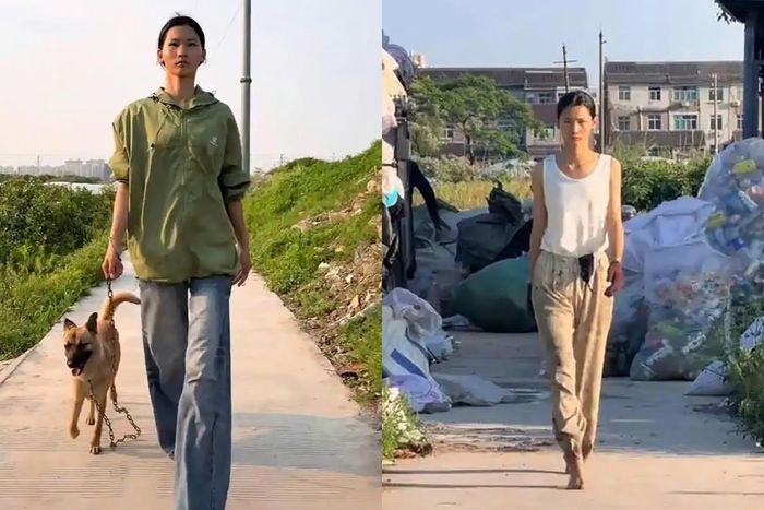 Nữ công nhân thu gom rác gây sốt mạng xã hội vì nhan sắc nổi bật, cao hơn 1,8m. Ảnh: Baidu
