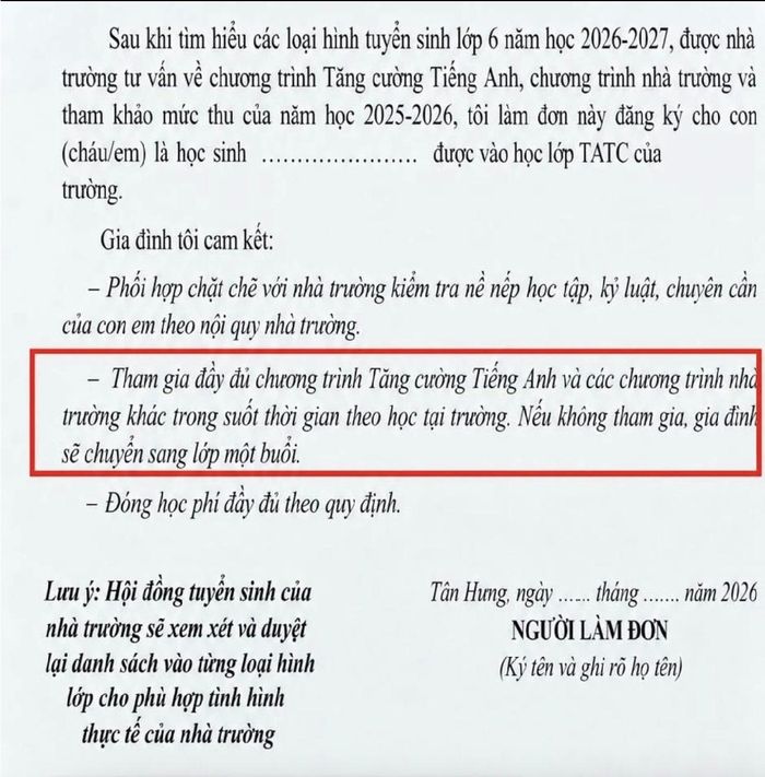 Phiếu đăng ký có nội dung yêu cầu phụ huynh học sinh cam kết của Trường THCS Nguyễn Thị Thập