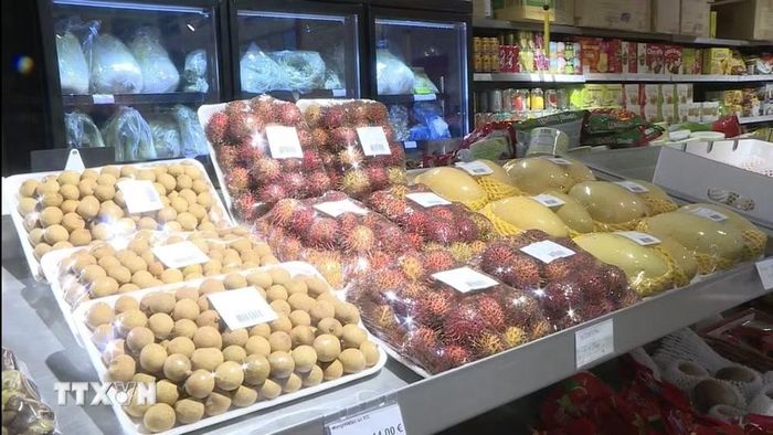 Hoa quả tươi Việt Nam được bày bán tại siêu thị ở Pháp. (Ảnh: Ngọc Hiệp/TTXVN)