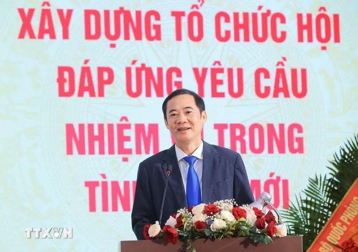 Phó Bí thư-Chủ nhiệm Ủy ban Kiểm tra Đảng ủy Mặt trận Tổ quốc, các đoàn thể Trung ương Nguyễn Thái Học phát biểu. (Ảnh: Hoàng Hiếu/TTXVN)