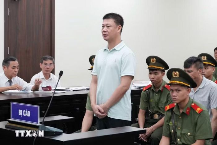 Bị cáo Đinh Tiến Hùng khai báo tại phiên tòa. (Ảnh: Kim Anh/TTXVN)