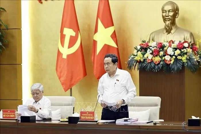 Uỷ viên Bộ Chính trị, Bí thư Đảng uỷ Quốc hội, Chủ tịch Quốc hội Trần Thanh Mẫn phát biểu. Ảnh: Doãn Tấn/TTXVN