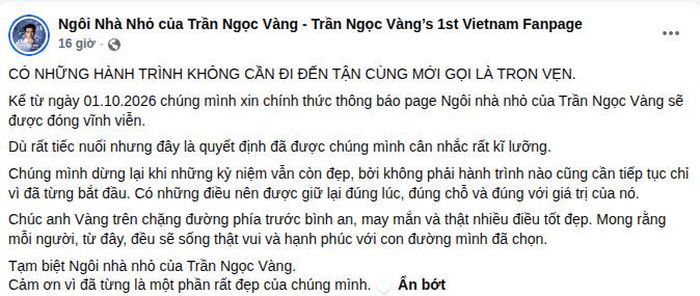 Fanpage FC của Trần Ngọc Vàng tuyên bố đóng cửa.
