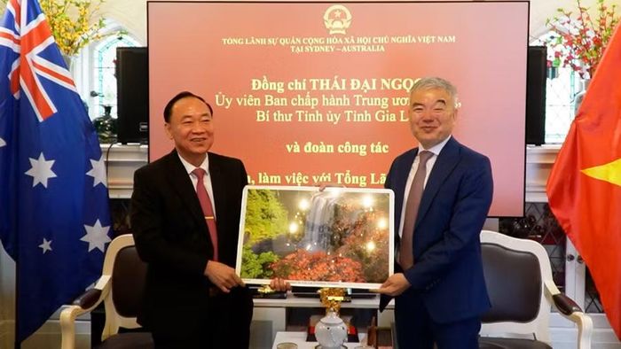 Bí thư Tỉnh ủy Thái Đại Ngọc trao quà lưu niệm Tổng Lãnh sự Việt Nam tại Sydney. Ảnh: Ngọc Luận
