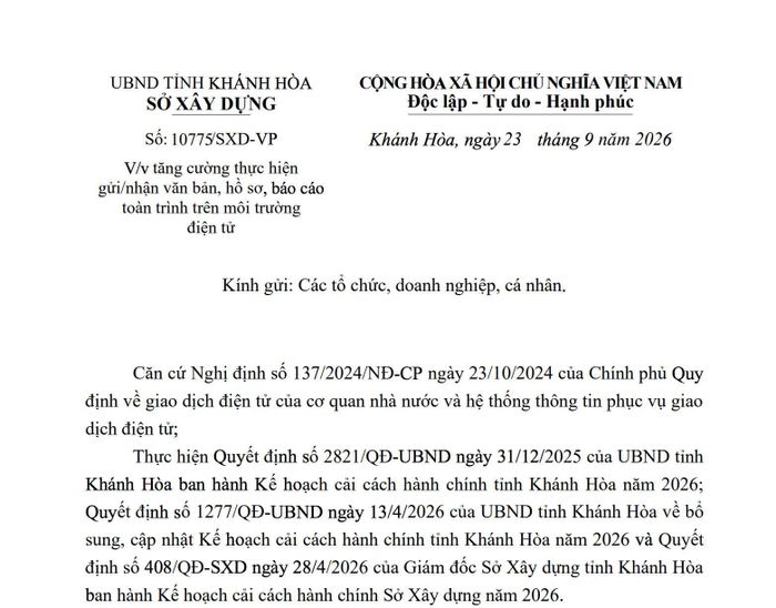 Văn bản của Sở Xây dựng gửi các tổ chức, cá nhân
