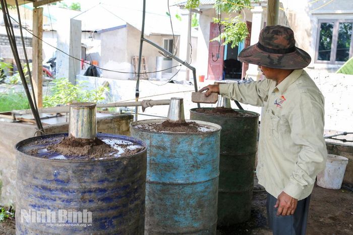 Anh Hoàng Văn Vỹ, cùng Tổ dân phố Mộc Bắc, phường Duy Tân đang chiết xuất tinh dầu húng quế.