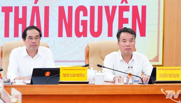Đồng chí Bí thư Tỉnh ủy Trịnh Xuân Trường và đồng chí Chủ tịch UBND tỉnh Nguyễn Thế Mạnh dự tại điểm cầu tỉnh Thái Nguyên.