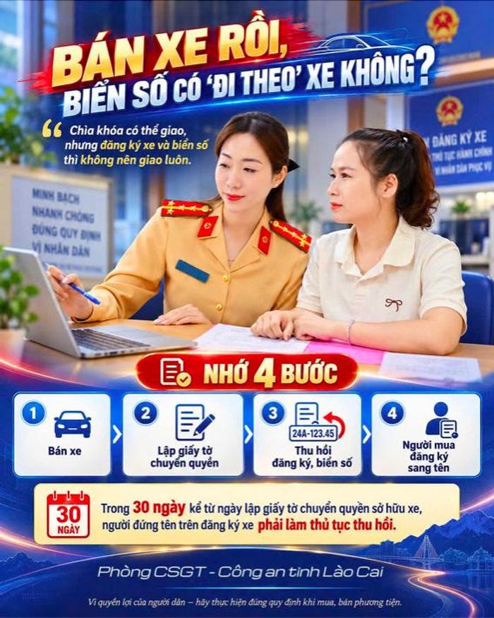 Nhiều người có thói quen giao cả đăng ký, biển số để người mua tự sang tên tuy nhiên, quy định hiện hành yêu cầu người bán phải làm thủ tục thu hồi.. Ảnh Cổng TTĐT Công an tỉnh Lào Cai
