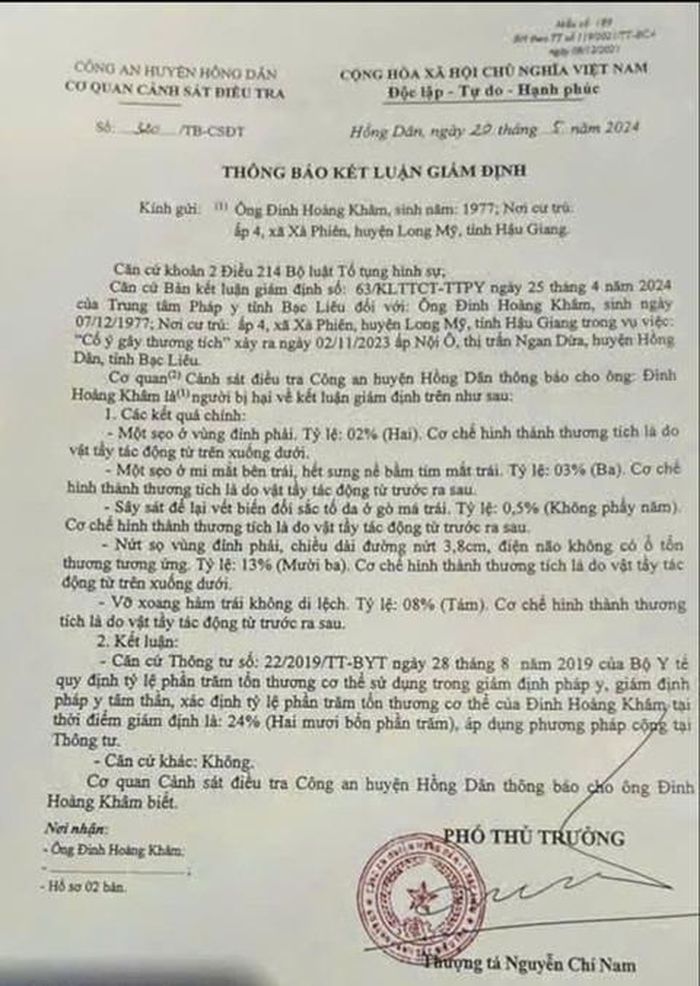 Thông báo kết luận giám định thương tích của bị hại Khâm