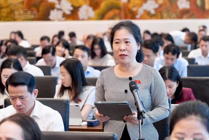 Đại biểu Tô Ái Vang, Phó Trưởng đoàn chuyên trách Đoàn đại biểu Quốc hội thành phố Cần Thơ góp ý tại hội nghị. Ảnh: media.quochoi.vn