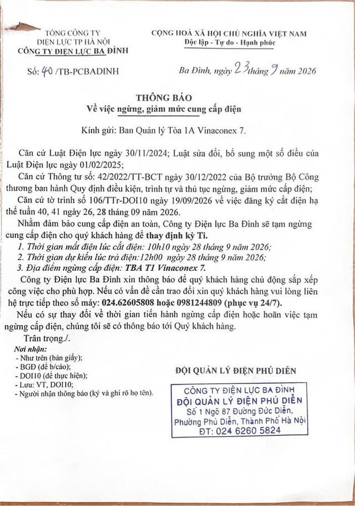 Thông báo lịch cắt điện của Tổng công ty điện lực TP. Hà Nội (EVNHANOI) ngày 28/9.