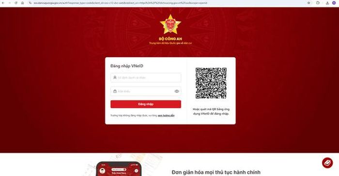 Đăng nhập bằng tài khoản định danh điện tử VNeID.