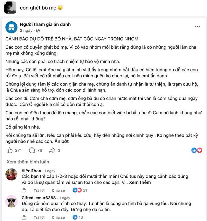 Bài đăng trong nhóm cảnh báo nguy cơ trẻ vị thành niên bị người lạ lợi dụng tâm lý để dụ dỗ trẻ bỏ nhà, bắt cóc. Ảnh chụp màn hình