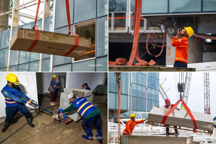 Công tác lắp đặt kính tại nhà ga T2, sân bay Phú Quốc. Ảnh: Hoàng Hà.