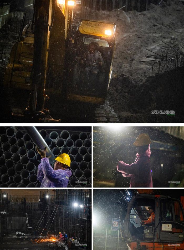 Lực lượng công nhân thi công 24/24h, bất kể nắng mưa. Ảnh: Hoàng Hà.