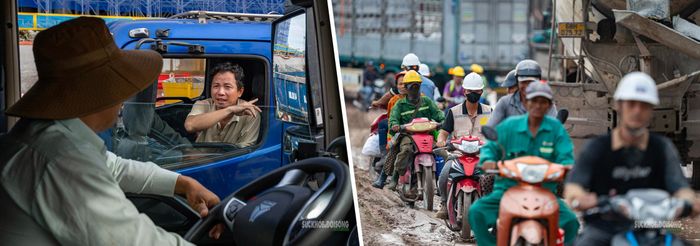 Ông Út và tài xế ngược chiều trao đổi về việc ùn tắc ở phía trước. Ảnh: Hoàng Hà.