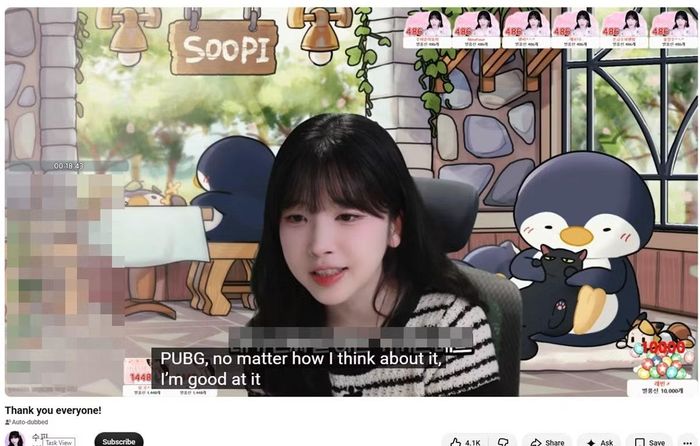 Hình ảnh trong livestream của Soopi ở thời điểm cô nói cô tự thấy mình chơi PUBG tốt (phụ đề là tự động của YouTube). (Ảnh chụp màn hình).