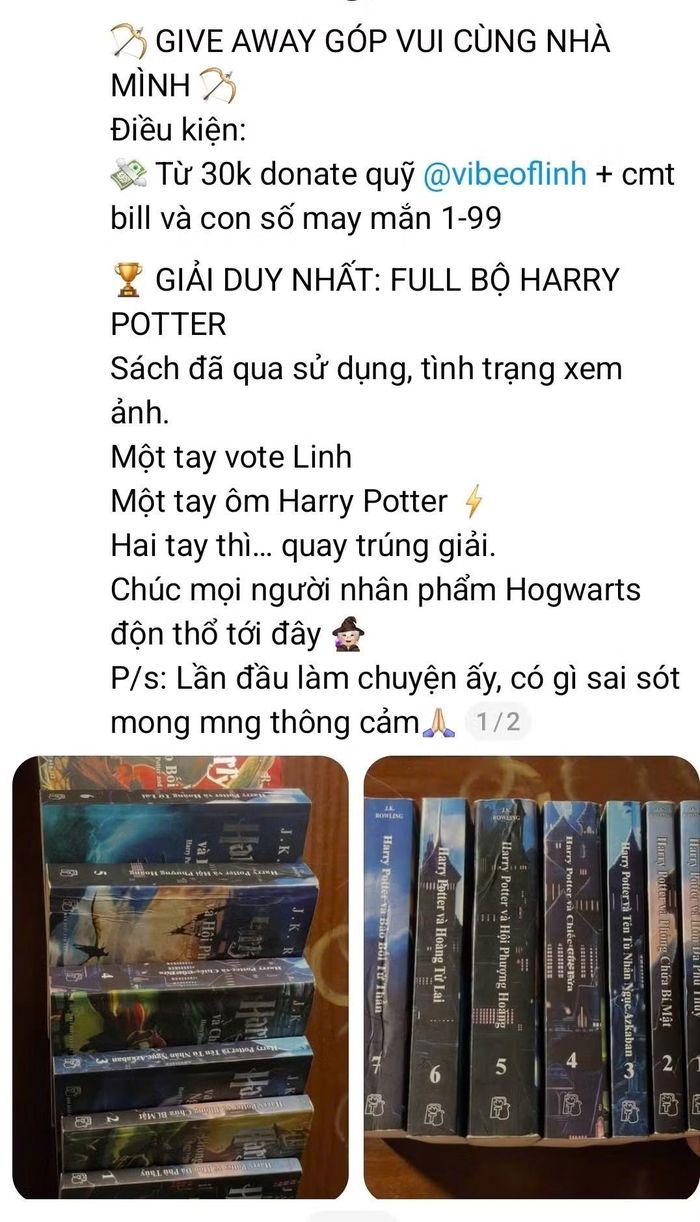  Đem cả bộ sách Harry Potter được giữ gìn cẩn thận ra gây quỹ, đủ biết fan quyết tâm "bế" idol về đích thế nào. 