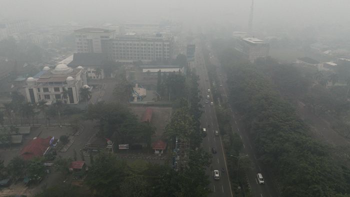  Con đường và các tòa nhà bị bao phủ bởi khói mù do cháy rừng ở Pontianak, tỉnh Tây Kalimantan (Indonesia) ngày 13/9. Ảnh: Reuters. 