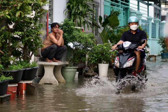  Cùng thời điểm, triều cường gây ngập ở khu vực dân cư quanh chợ Mương Chuối (xã Hiệp Phước). 