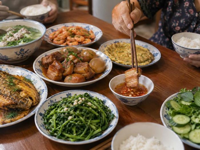 Mâm cơm gia đình với nhiều món ăn mặn, giàu chất béo và muối là những yếu tố cần được kiểm soát để bảo vệ sức khỏe tim mạch. Ảnh minh họa do AI tạo.
