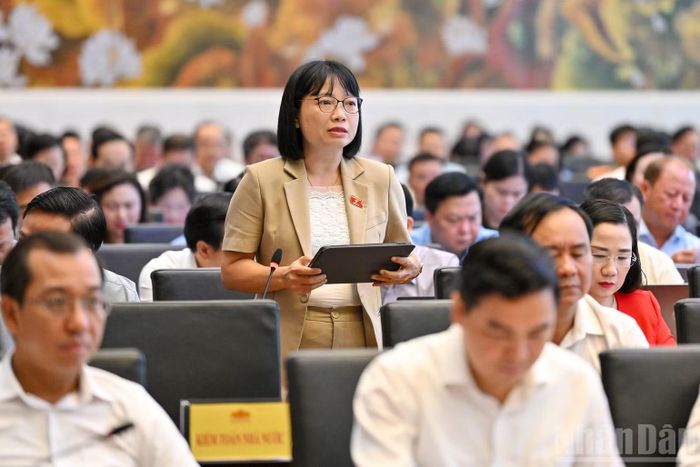 Đại biểu Nguyễn Thị Việt Nga (Đoàn Hải Phòng) phát biểu. (Ảnh: THỦY NGUYÊN)