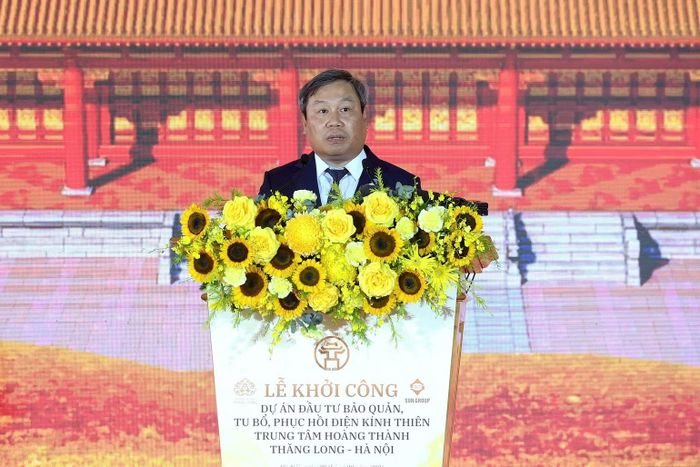 Chủ tịch Ủy ban nhân dân thành phố Hà Nội Vũ Đại Thắng phát biểu tại Lễ khởi công. (Ảnh: ĐĂNG KHOA)